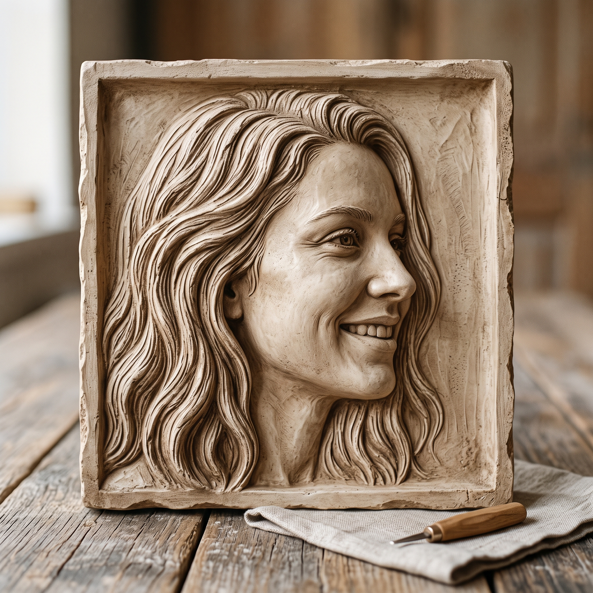 Promotional image set for a custom face bas relief portrait service, showing a hand carved wood-tone relief sculpture of a woman's face beside its reference photo, a close up studio detail shot of the carved likeness with sculpting tools nearby, an alternate angle of the finished wood relief portrait, and the piece displayed framed on a wooden stand next to its photo. For customers who want their own photo turned into a personalized carved portrait relief, memorial keepsake, or wall art piece.