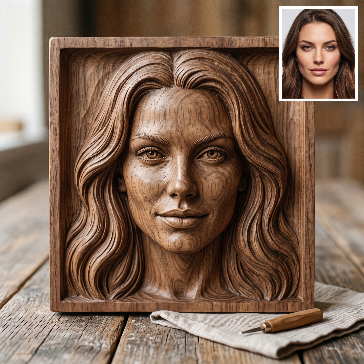 Promotional image set for a custom face bas relief portrait service, showing a hand carved wood-tone relief sculpture of a woman's face beside its reference photo, a close up studio detail shot of the carved likeness with sculpting tools nearby, an alternate angle of the finished wood relief portrait, and the piece displayed framed on a wooden stand next to its photo. For customers who want their own photo turned into a personalized carved portrait relief, memorial keepsake, or wall art piece.