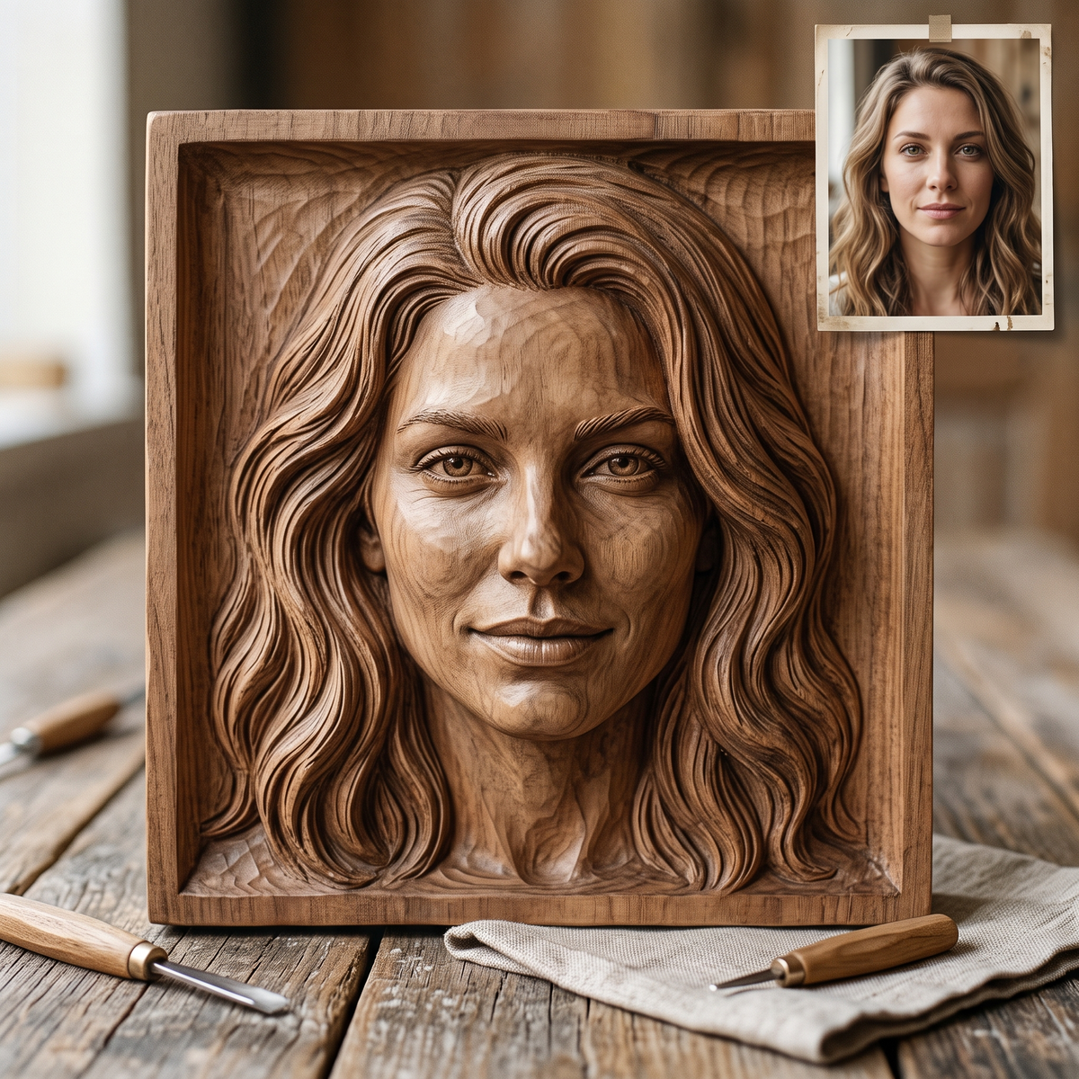 Promotional image set for a custom face bas relief portrait service, showing a hand carved wood-tone relief sculpture of a woman's face beside its reference photo, a close up studio detail shot of the carved likeness with sculpting tools nearby, an alternate angle of the finished wood relief portrait, and the piece displayed framed on a wooden stand next to its photo. For customers who want their own photo turned into a personalized carved portrait relief, memorial keepsake, or wall art piece.