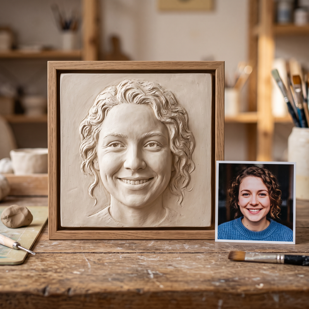 Promotional image set for a custom face bas relief portrait service, showing a hand carved wood-tone relief sculpture of a woman's face beside its reference photo, a close up studio detail shot of the carved likeness with sculpting tools nearby, an alternate angle of the finished wood relief portrait, and the piece displayed framed on a wooden stand next to its photo. For customers who want their own photo turned into a personalized carved portrait relief, memorial keepsake, or wall art piece.