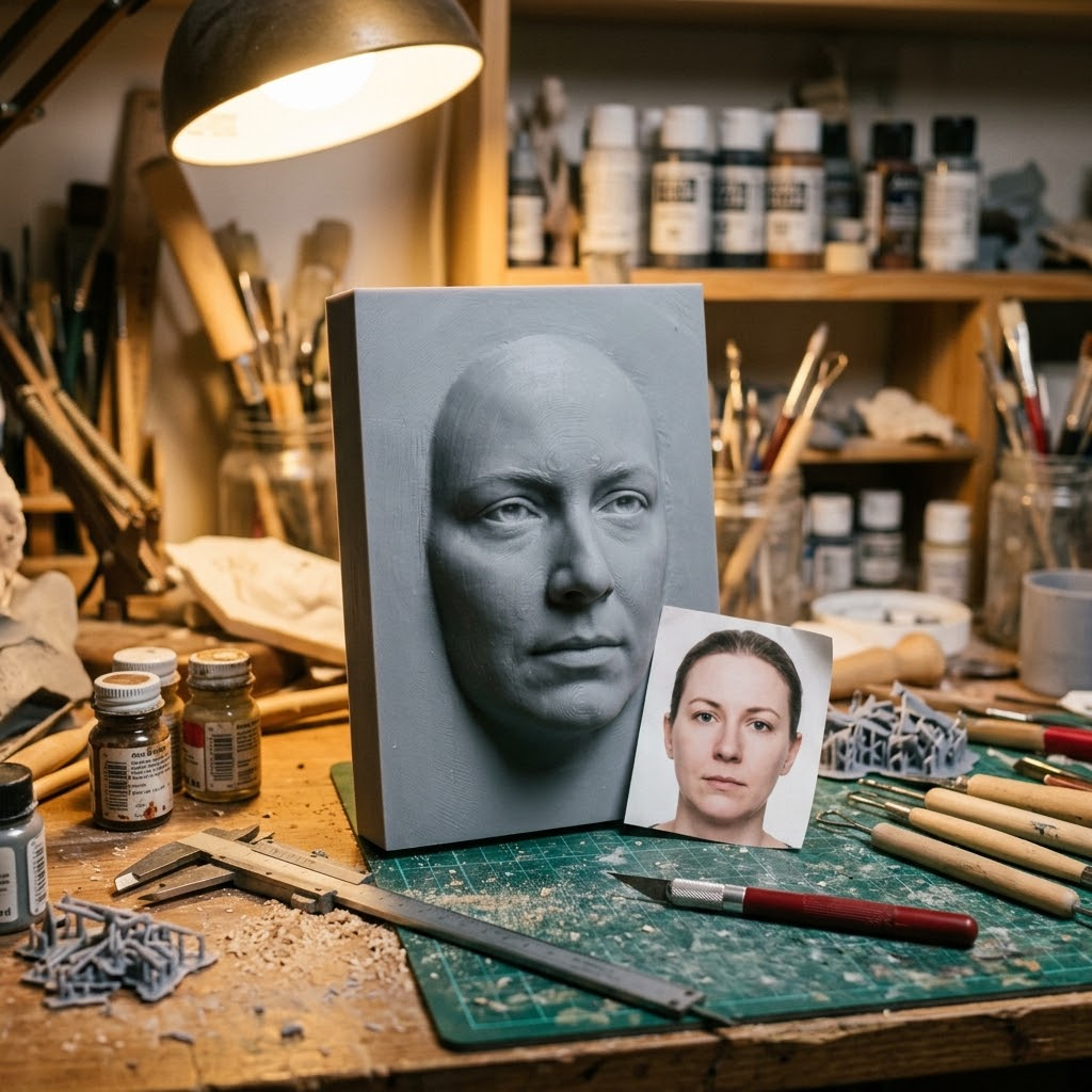 Promotional image set for a custom face bas relief sculpting service, showing a customer reference photo beside a hand sculpted grey resin portrait relief plaque, the digital sculpting process in ZBrush, a close up of the finished carved detail, and a bronze finished keepsake displayed on a shelf. Made for customers who want their own photo turned into a personalized portrait relief, memorial keepsake, or wall art piece.