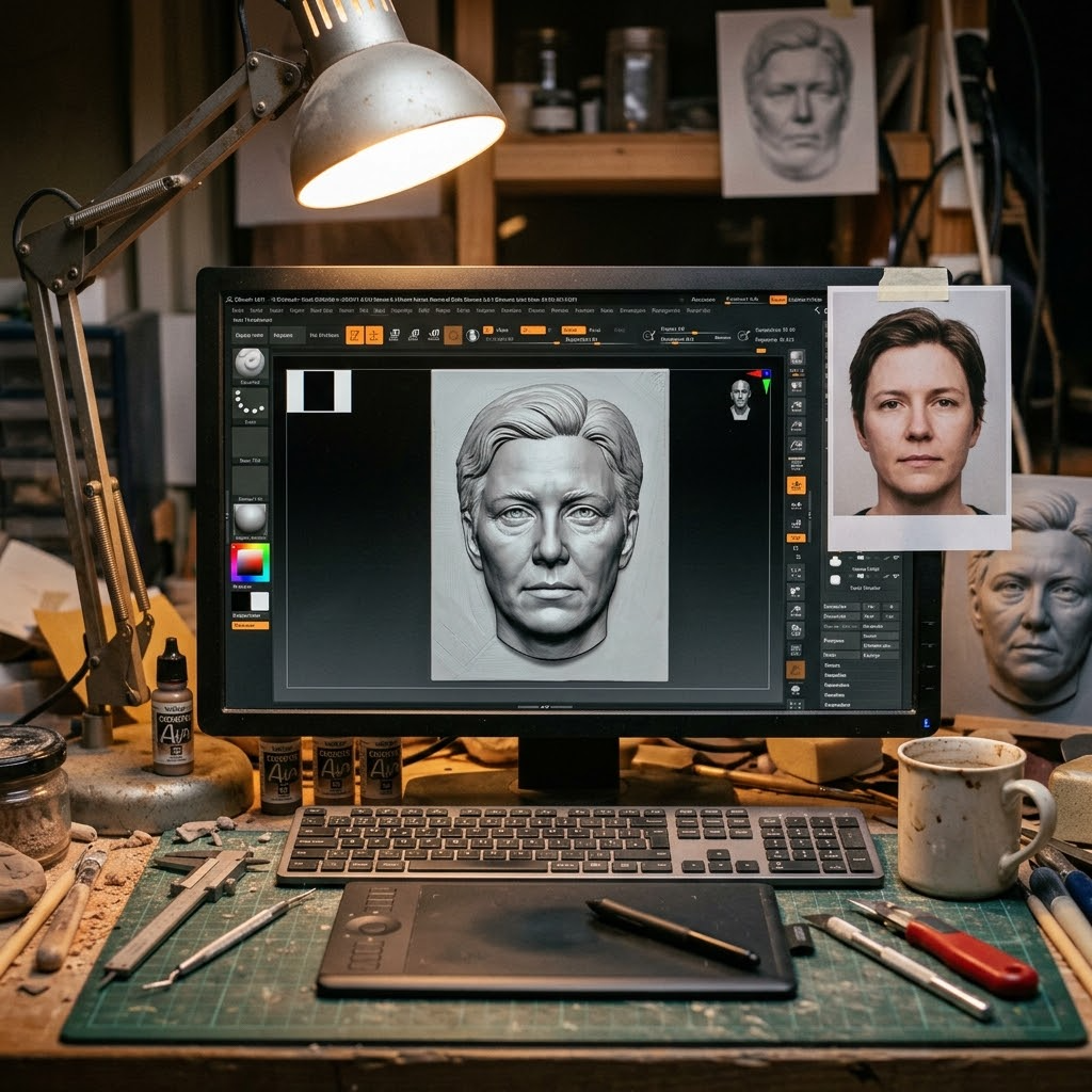 Promotional image set for a custom face bas relief sculpting service, showing a customer reference photo beside a hand sculpted grey resin portrait relief plaque, the digital sculpting process in ZBrush, a close up of the finished carved detail, and a bronze finished keepsake displayed on a shelf. Made for customers who want their own photo turned into a personalized portrait relief, memorial keepsake, or wall art piece.