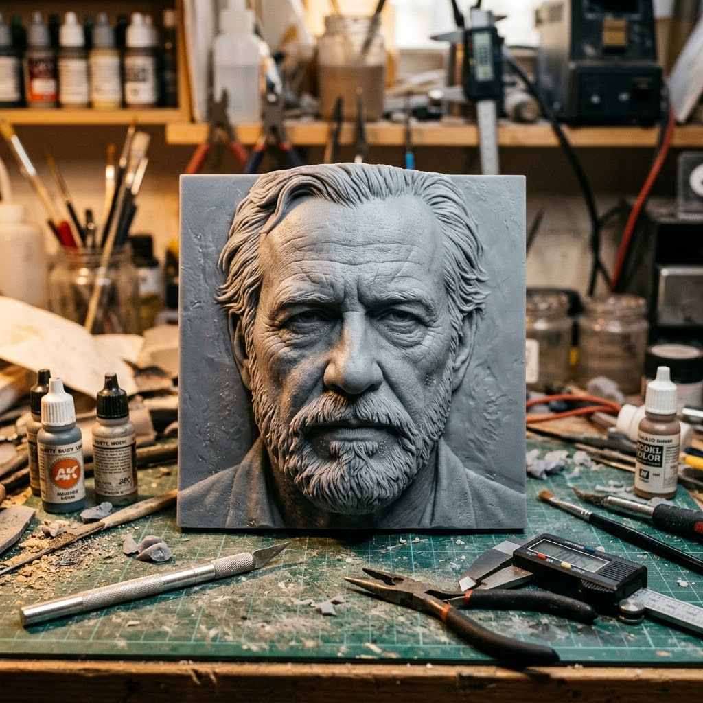Promotional image set for a custom face bas relief sculpting service, showing a customer reference photo beside a hand sculpted grey resin portrait relief plaque, the digital sculpting process in ZBrush, a close up of the finished carved detail, and a bronze finished keepsake displayed on a shelf. Made for customers who want their own photo turned into a personalized portrait relief, memorial keepsake, or wall art piece.