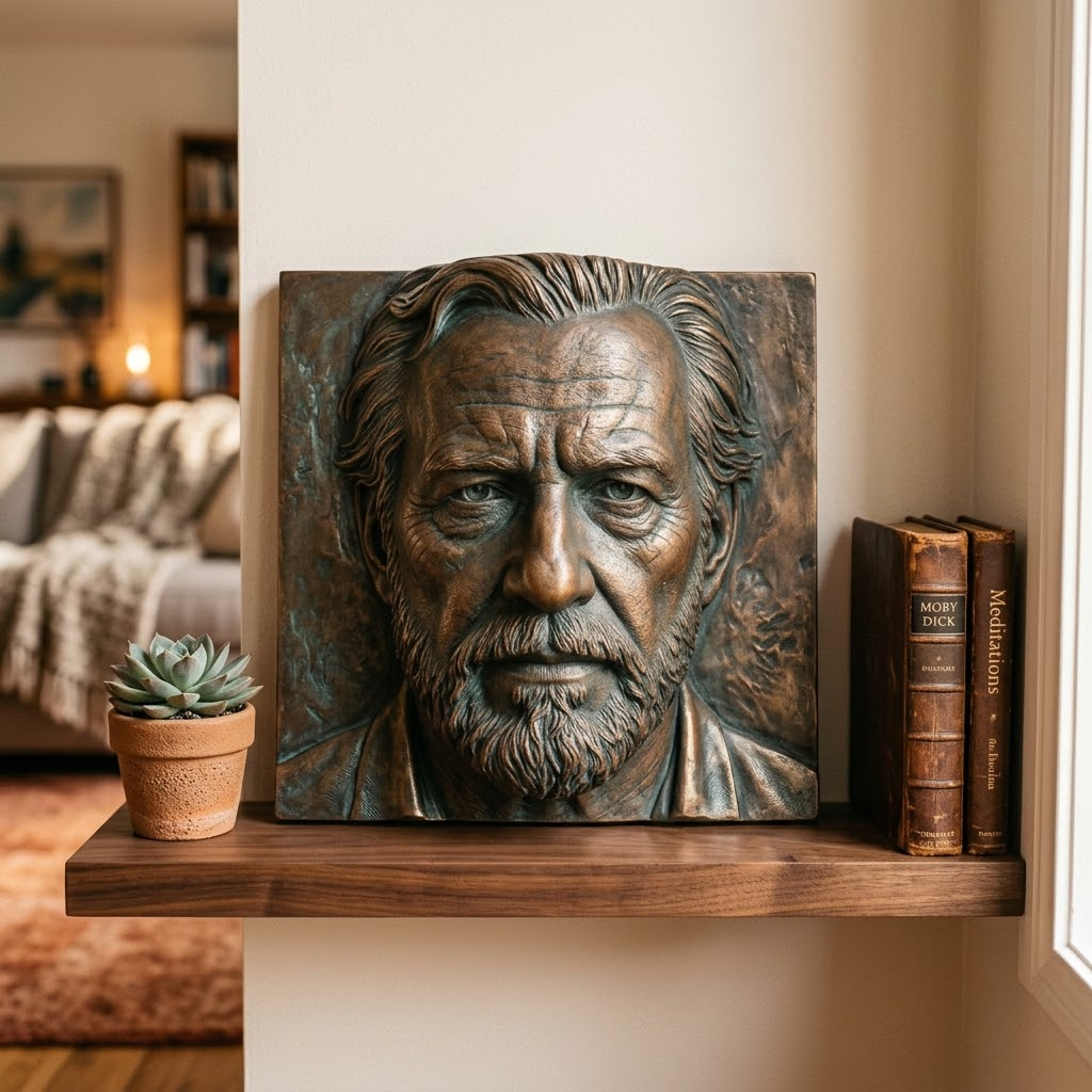 Promotional image set for a custom face bas relief sculpting service, showing a customer reference photo beside a hand sculpted grey resin portrait relief plaque, the digital sculpting process in ZBrush, a close up of the finished carved detail, and a bronze finished keepsake displayed on a shelf. Made for customers who want their own photo turned into a personalized portrait relief, memorial keepsake, or wall art piece.