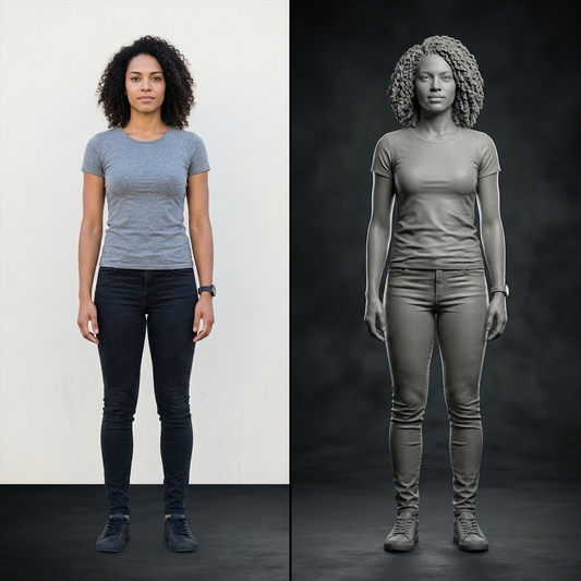 Promotional image set for a custom full-body 3D modeling and sculpting service, showing a reference photo transformed into a detailed grey clay full-body sculpture, a digital sculpting process on screen, a white 3D printed figurine on a pedestal, and a bronze heirloom statue. Made for customers who want a photo turned into a personalized 3D printed figure, painted collectible, or wood relief plaque for gifts, keepsakes, and display pieces.