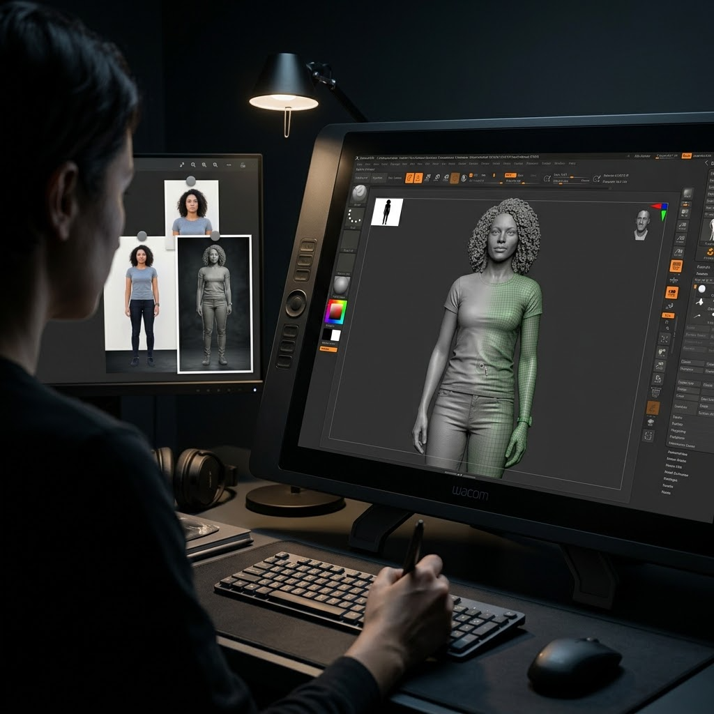 Promotional image set for a custom full-body 3D modeling and sculpting service, showing a reference photo transformed into a detailed grey clay full-body sculpture, a digital sculpting process on screen, a white 3D printed figurine on a pedestal, and a bronze heirloom statue. Made for customers who want a photo turned into a personalized 3D printed figure, painted collectible, or wood relief plaque for gifts, keepsakes, and display pieces.