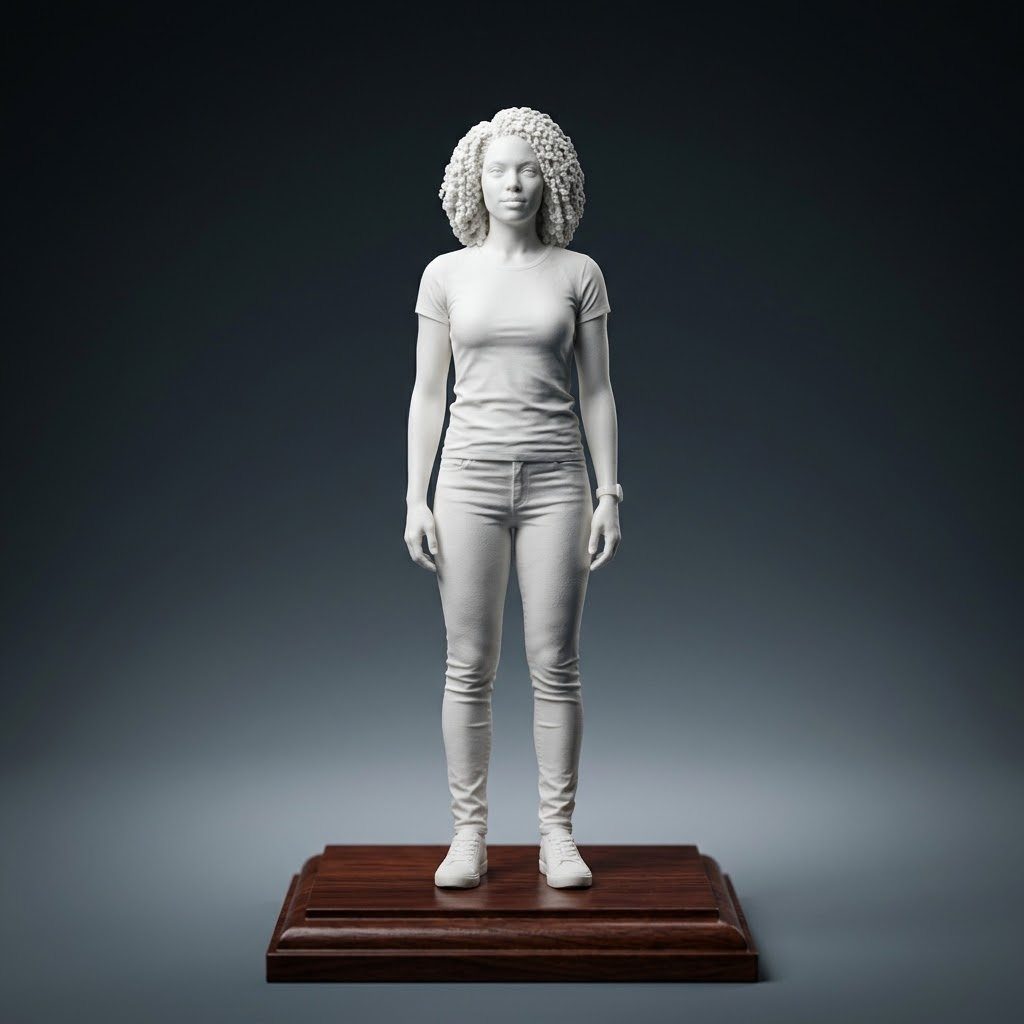 Promotional image set for a custom full-body 3D modeling and sculpting service, showing a reference photo transformed into a detailed grey clay full-body sculpture, a digital sculpting process on screen, a white 3D printed figurine on a pedestal, and a bronze heirloom statue. Made for customers who want a photo turned into a personalized 3D printed figure, painted collectible, or wood relief plaque for gifts, keepsakes, and display pieces.