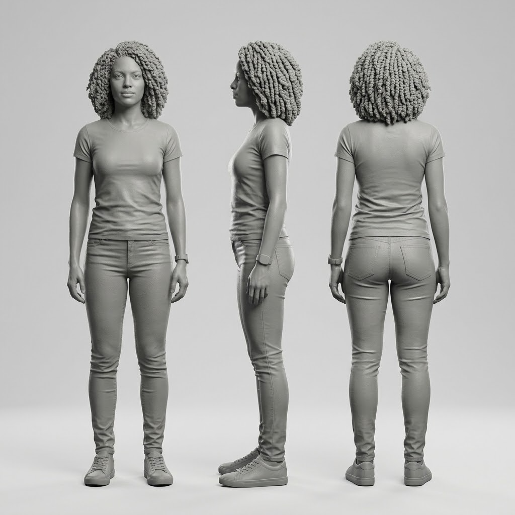 Promotional image set for a custom full-body 3D modeling and sculpting service, showing a reference photo transformed into a detailed grey clay full-body sculpture, a digital sculpting process on screen, a white 3D printed figurine on a pedestal, and a bronze heirloom statue. Made for customers who want a photo turned into a personalized 3D printed figure, painted collectible, or wood relief plaque for gifts, keepsakes, and display pieces.
