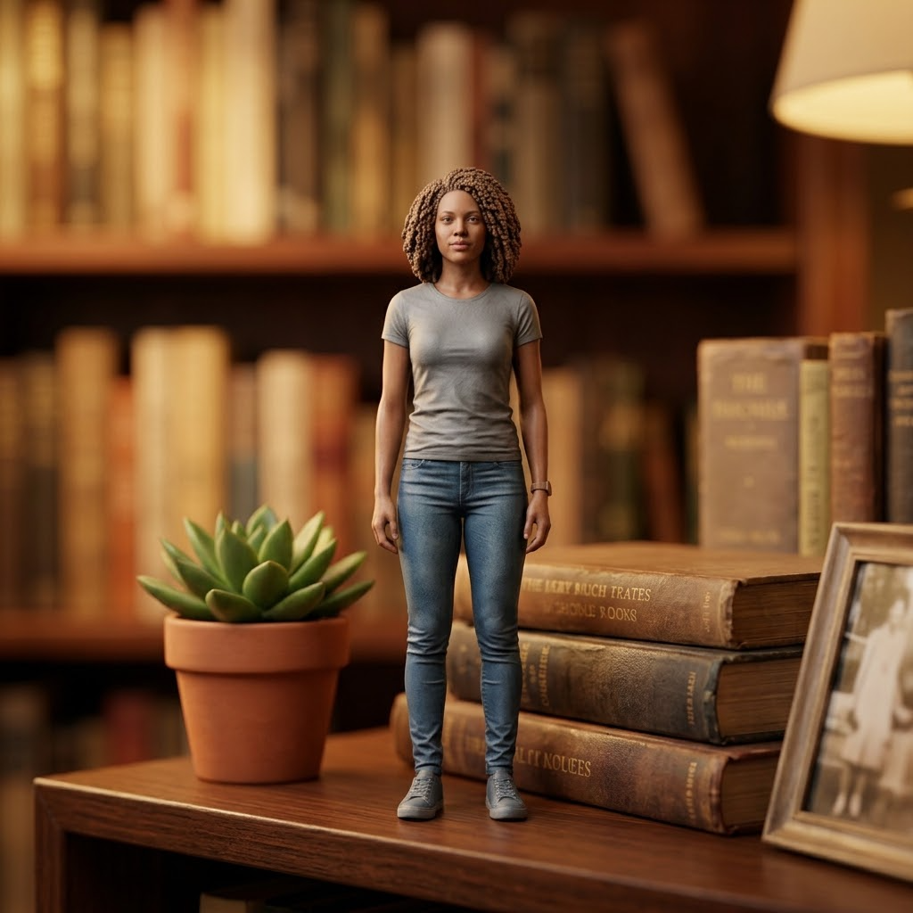 Promotional image set for a custom full-body 3D modeling and sculpting service, showing a reference photo transformed into a detailed grey clay full-body sculpture, a digital sculpting process on screen, a white 3D printed figurine on a pedestal, and a bronze heirloom statue. Made for customers who want a photo turned into a personalized 3D printed figure, painted collectible, or wood relief plaque for gifts, keepsakes, and display pieces.