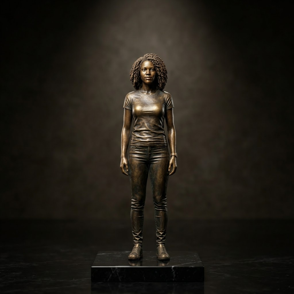 Promotional image set for a custom full-body 3D modeling and sculpting service, showing a reference photo transformed into a detailed grey clay full-body sculpture, a digital sculpting process on screen, a white 3D printed figurine on a pedestal, and a bronze heirloom statue. Made for customers who want a photo turned into a personalized 3D printed figure, painted collectible, or wood relief plaque for gifts, keepsakes, and display pieces.