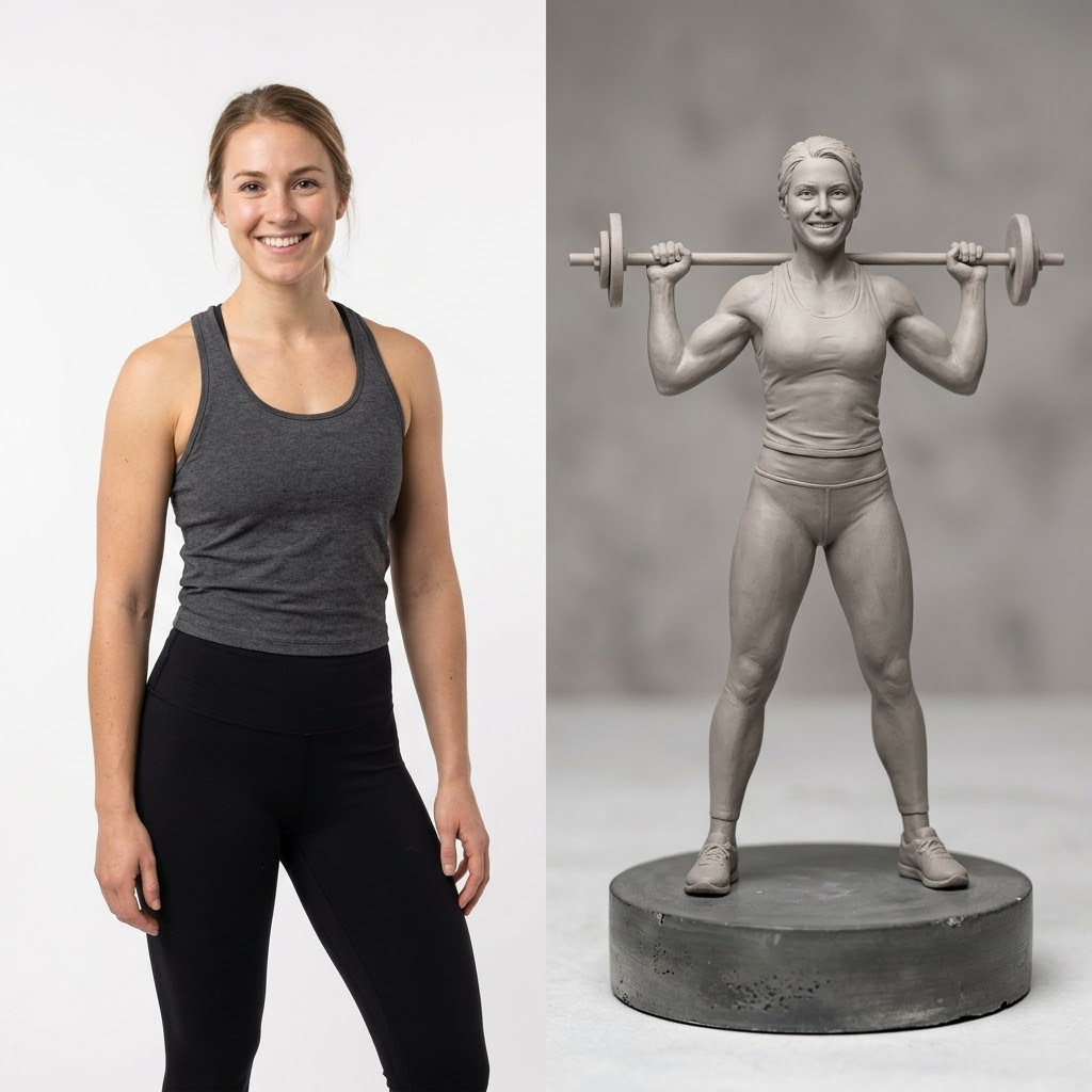 Promotional image set for a custom gym girl figurine 3D modeling service, showing a reference photo transformed into a sculpted athletic figurine holding a barbell overhead, a digital sculpting process on screen, a 3D printed figurine on a pedestal, and a bronze heirloom keepsake. Made for customers who want a photo turned into a personalized fitness gift figurine, gym milestone keepsake, or wood relief plaque.