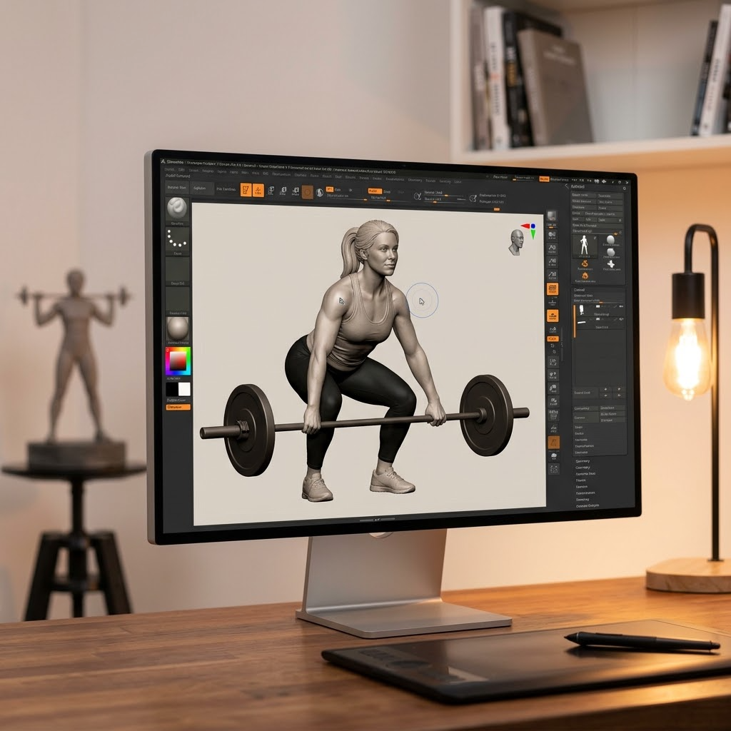 Promotional image set for a custom gym girl figurine 3D modeling service, showing a reference photo transformed into a sculpted athletic figurine holding a barbell overhead, a digital sculpting process on screen, a 3D printed figurine on a pedestal, and a bronze heirloom keepsake. Made for customers who want a photo turned into a personalized fitness gift figurine, gym milestone keepsake, or wood relief plaque.