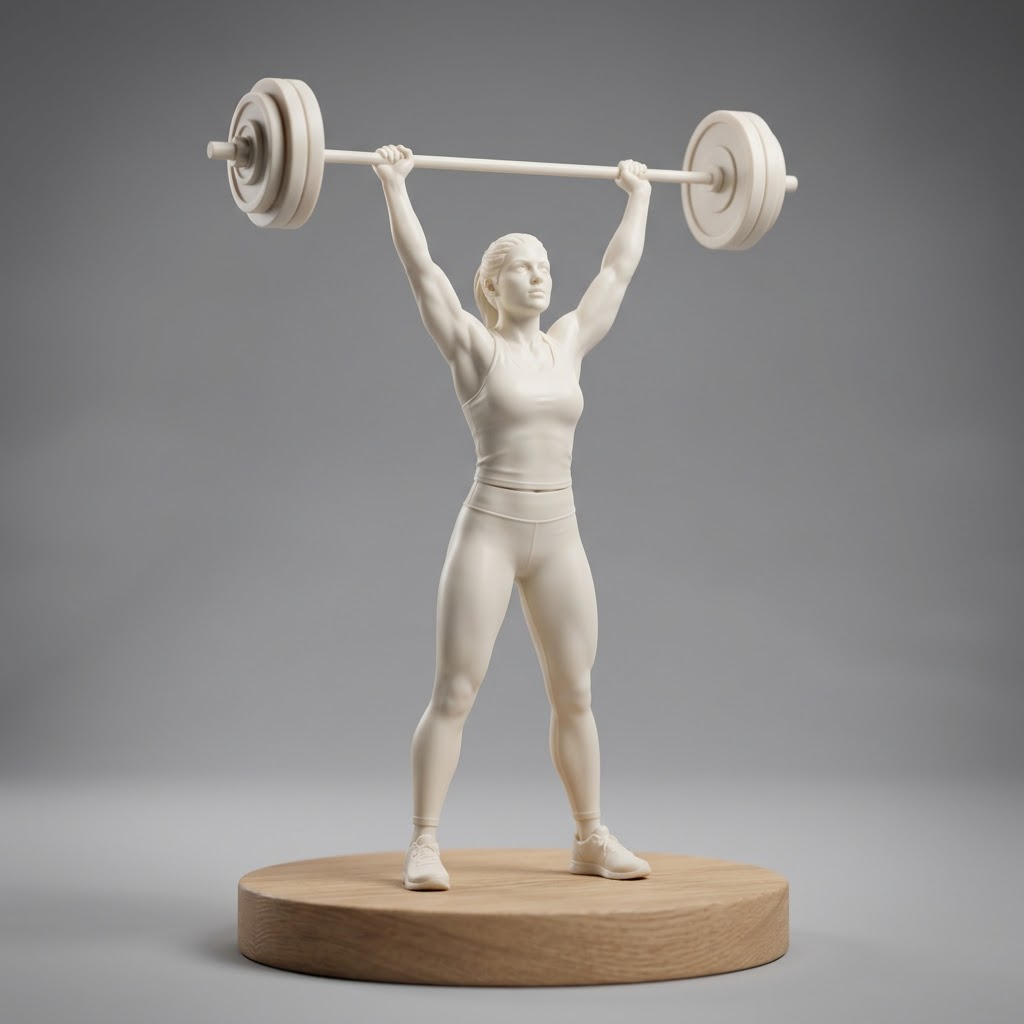 Promotional image set for a custom gym girl figurine 3D modeling service, showing a reference photo transformed into a sculpted athletic figurine holding a barbell overhead, a digital sculpting process on screen, a 3D printed figurine on a pedestal, and a bronze heirloom keepsake. Made for customers who want a photo turned into a personalized fitness gift figurine, gym milestone keepsake, or wood relief plaque.