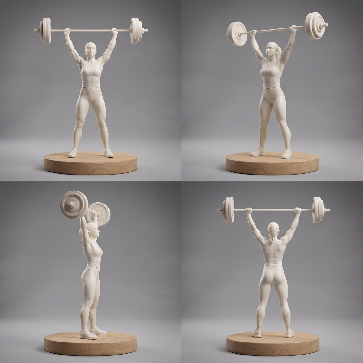 Promotional image set for a custom gym girl figurine 3D modeling service, showing a reference photo transformed into a sculpted athletic figurine holding a barbell overhead, a digital sculpting process on screen, a 3D printed figurine on a pedestal, and a bronze heirloom keepsake. Made for customers who want a photo turned into a personalized fitness gift figurine, gym milestone keepsake, or wood relief plaque.