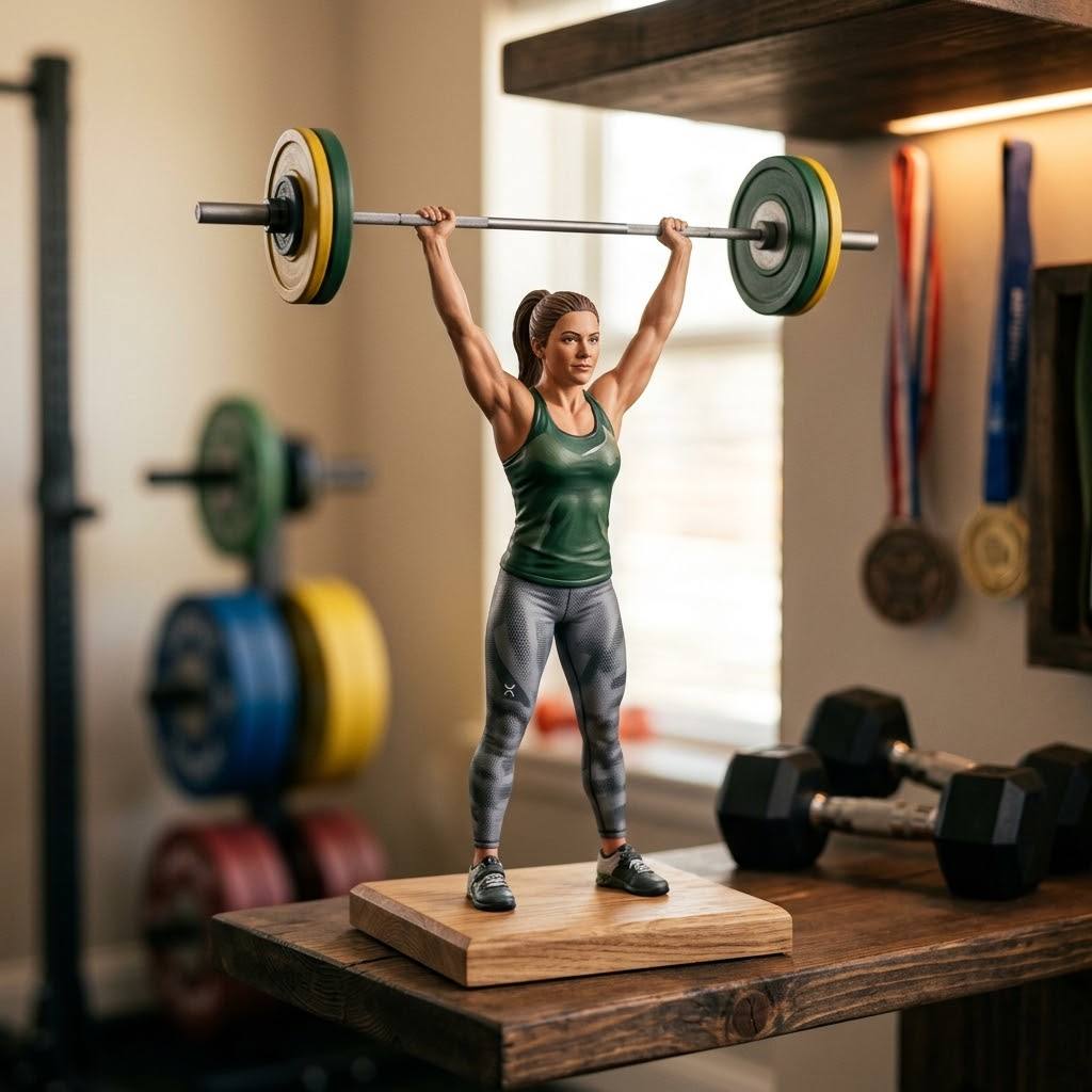 Promotional image set for a custom gym girl figurine 3D modeling service, showing a reference photo transformed into a sculpted athletic figurine holding a barbell overhead, a digital sculpting process on screen, a 3D printed figurine on a pedestal, and a bronze heirloom keepsake. Made for customers who want a photo turned into a personalized fitness gift figurine, gym milestone keepsake, or wood relief plaque.