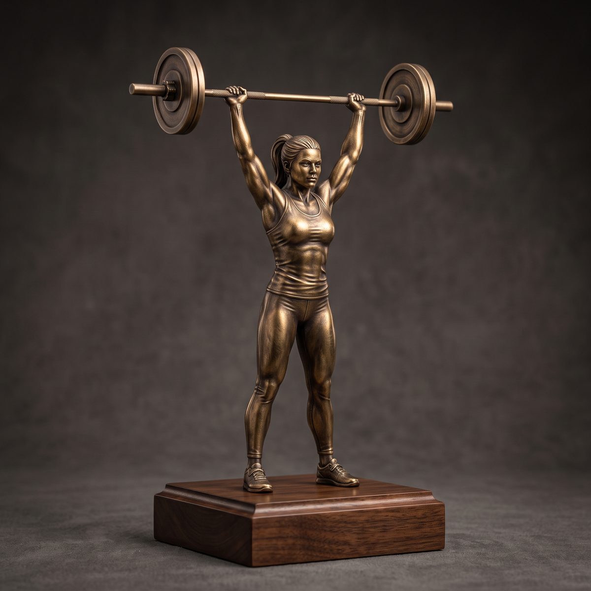 Promotional image set for a custom gym girl figurine 3D modeling service, showing a reference photo transformed into a sculpted athletic figurine holding a barbell overhead, a digital sculpting process on screen, a 3D printed figurine on a pedestal, and a bronze heirloom keepsake. Made for customers who want a photo turned into a personalized fitness gift figurine, gym milestone keepsake, or wood relief plaque.