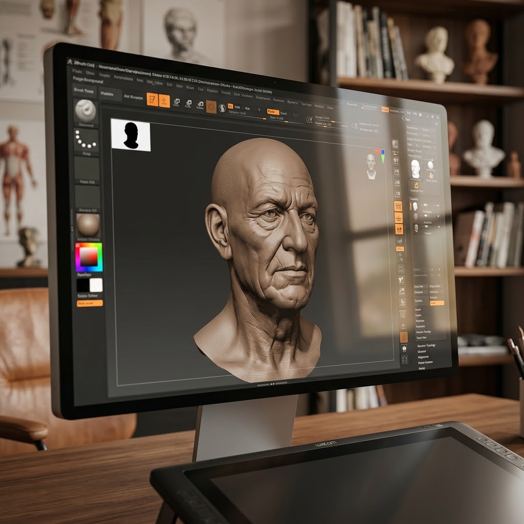 Promotional image set for a custom 3D head and portrait modeling service, showing a reference photo transformed into a detailed grey clay sculpted bust, a digital sculpting process on screen, a pristine white 3D printed bust on a pedestal, and a hand carved wood relief portrait. Made for customers who want a photo turned into a personalized sculpted head, print ready bust, or carved relief portrait for gifts, keepsakes, and display pieces.