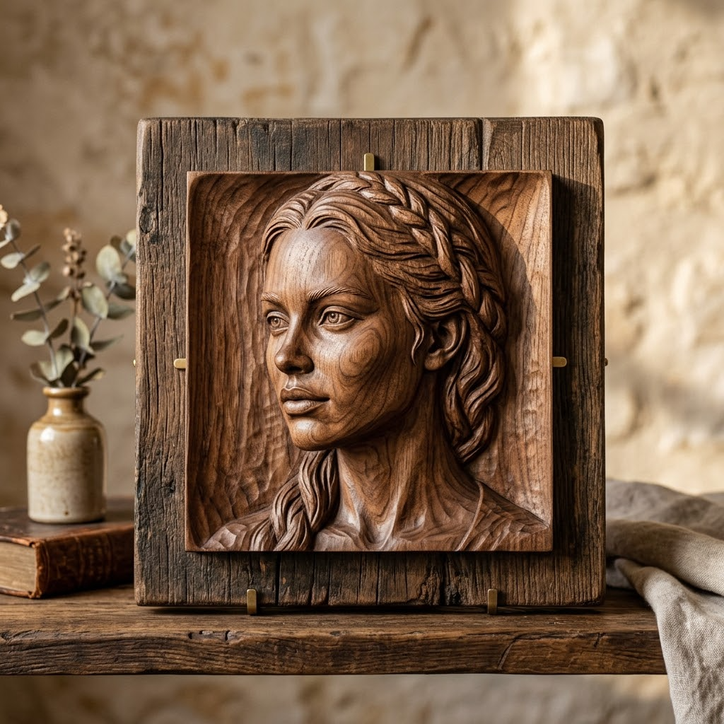Promotional image set for a custom 3D head and portrait modeling service, showing a reference photo transformed into a detailed grey clay sculpted bust, a digital sculpting process on screen, a pristine white 3D printed bust on a pedestal, and a hand carved wood relief portrait. Made for customers who want a photo turned into a personalized sculpted head, print ready bust, or carved relief portrait for gifts, keepsakes, and display pieces.