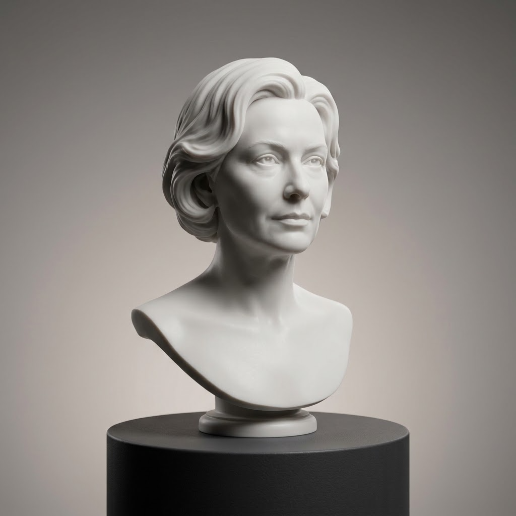 Promotional image set for a custom 3D head and portrait modeling service, showing a reference photo transformed into a detailed grey clay sculpted bust, a digital sculpting process on screen, a pristine white 3D printed bust on a pedestal, and a hand carved wood relief portrait. Made for customers who want a photo turned into a personalized sculpted head, print ready bust, or carved relief portrait for gifts, keepsakes, and display pieces.