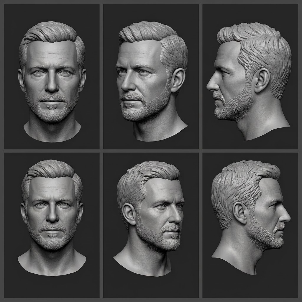 Promotional image set for a custom 3D head and portrait modeling service, showing a reference photo transformed into a detailed grey clay sculpted bust, a digital sculpting process on screen, a pristine white 3D printed bust on a pedestal, and a hand carved wood relief portrait. Made for customers who want a photo turned into a personalized sculpted head, print ready bust, or carved relief portrait for gifts, keepsakes, and display pieces.