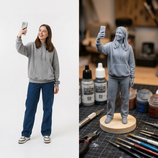 Promotional image set for a custom content creator figurine 3D modeling service, showing a reference photo transformed into a sculpted influencer figurine holding a phone in a selfie pose, a digital sculpting process on screen, a 3D printed figurine on a pedestal, and a bronze heirloom keepsake. Made for customers who want a photo turned into a personalized creator gift figurine, milestone keepsake, or wood relief plaque.