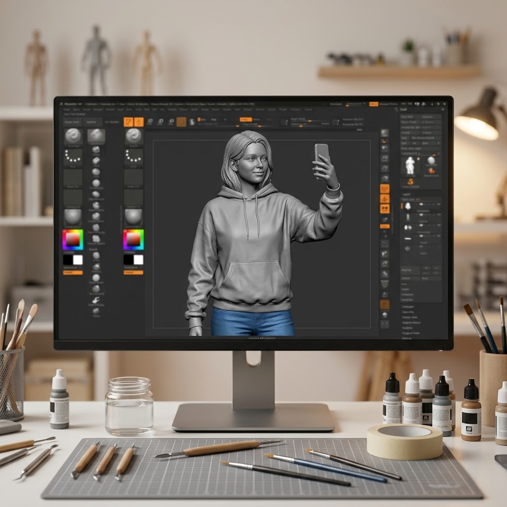 Promotional image set for a custom content creator figurine 3D modeling service, showing a reference photo transformed into a sculpted influencer figurine holding a phone in a selfie pose, a digital sculpting process on screen, a 3D printed figurine on a pedestal, and a bronze heirloom keepsake. Made for customers who want a photo turned into a personalized creator gift figurine, milestone keepsake, or wood relief plaque.