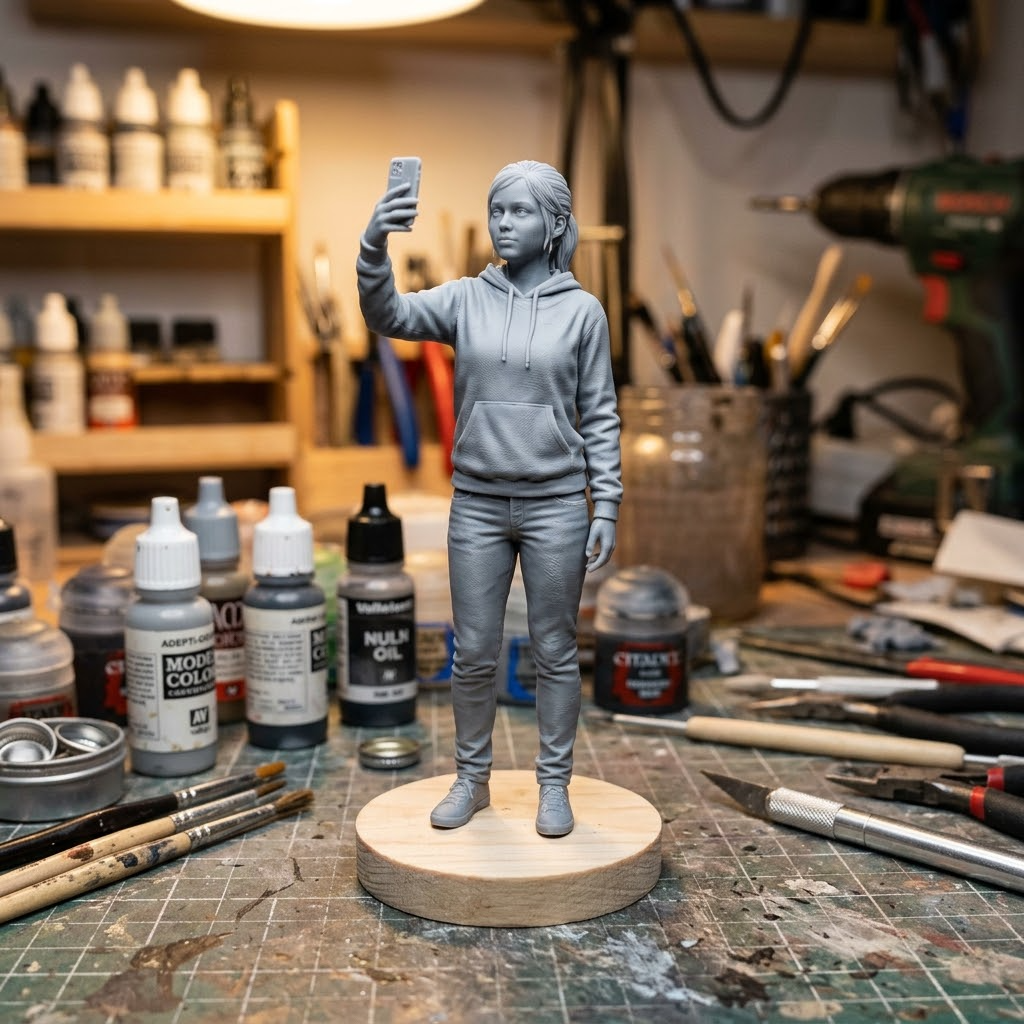 Promotional image set for a custom content creator figurine 3D modeling service, showing a reference photo transformed into a sculpted influencer figurine holding a phone in a selfie pose, a digital sculpting process on screen, a 3D printed figurine on a pedestal, and a bronze heirloom keepsake. Made for customers who want a photo turned into a personalized creator gift figurine, milestone keepsake, or wood relief plaque.
