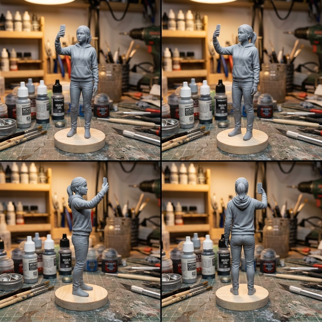 Promotional image set for a custom content creator figurine 3D modeling service, showing a reference photo transformed into a sculpted influencer figurine holding a phone in a selfie pose, a digital sculpting process on screen, a 3D printed figurine on a pedestal, and a bronze heirloom keepsake. Made for customers who want a photo turned into a personalized creator gift figurine, milestone keepsake, or wood relief plaque.