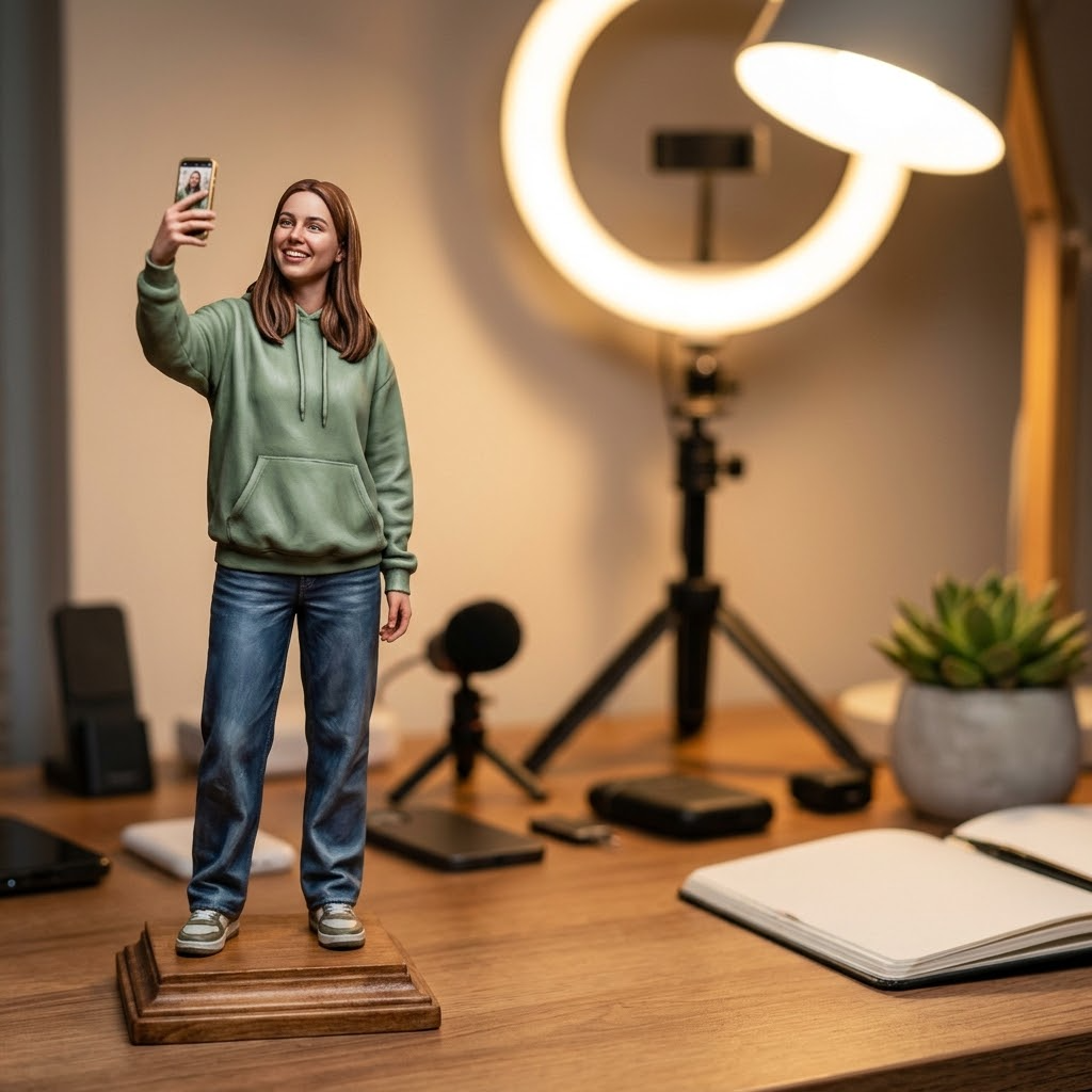 Promotional image set for a custom content creator figurine 3D modeling service, showing a reference photo transformed into a sculpted influencer figurine holding a phone in a selfie pose, a digital sculpting process on screen, a 3D printed figurine on a pedestal, and a bronze heirloom keepsake. Made for customers who want a photo turned into a personalized creator gift figurine, milestone keepsake, or wood relief plaque.