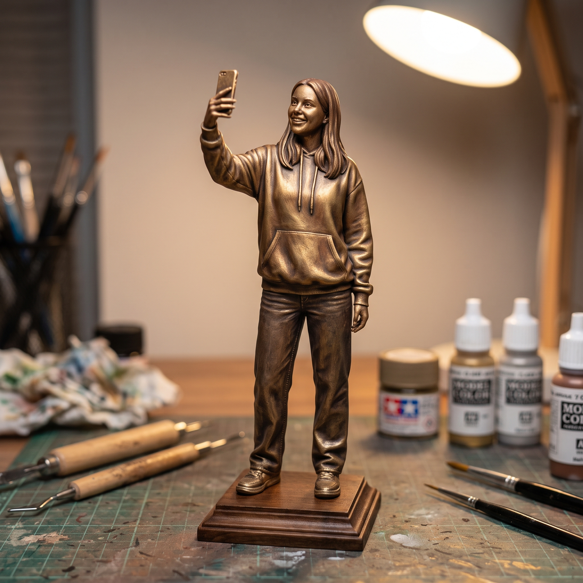 Promotional image set for a custom content creator figurine 3D modeling service, showing a reference photo transformed into a sculpted influencer figurine holding a phone in a selfie pose, a digital sculpting process on screen, a 3D printed figurine on a pedestal, and a bronze heirloom keepsake. Made for customers who want a photo turned into a personalized creator gift figurine, milestone keepsake, or wood relief plaque.