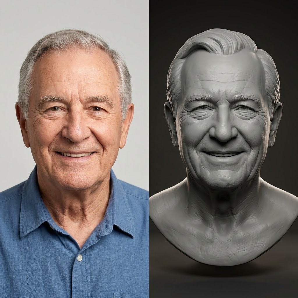 Promotional image set for a custom memorial 3D portrait modeling service, showing a reference photo transformed into a detailed grey clay memorial portrait bust, a digital sculpting process on screen, a white 3D printed memorial bust on a pedestal, and a bronze heirloom statue. Made for customers who want a photo of a loved one, human or pet, turned into a personalized sculpted bust, urn companion statue, painted figurine, or wood relief plaque for memorial keepsakes and tribute pieces.