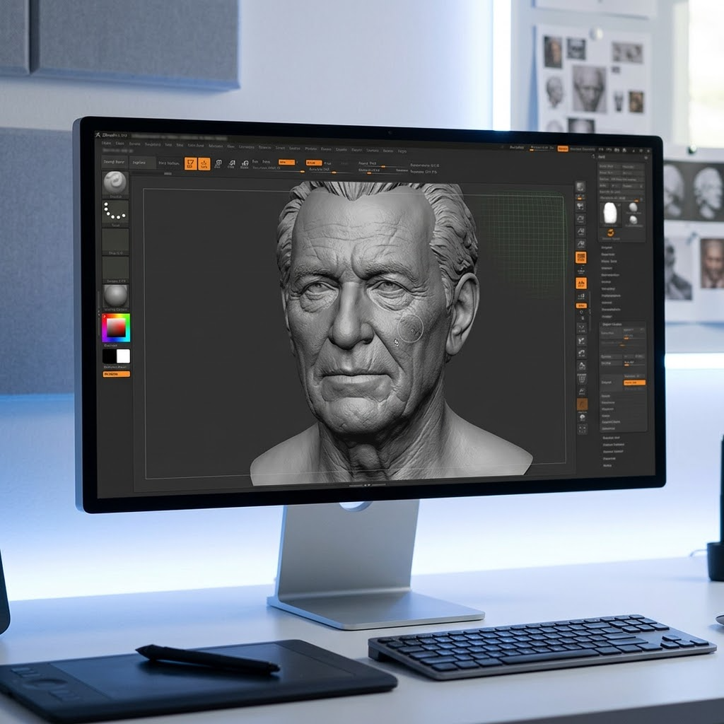 Promotional image set for a custom memorial 3D portrait modeling service, showing a reference photo transformed into a detailed grey clay memorial portrait bust, a digital sculpting process on screen, a white 3D printed memorial bust on a pedestal, and a bronze heirloom statue. Made for customers who want a photo of a loved one, human or pet, turned into a personalized sculpted bust, urn companion statue, painted figurine, or wood relief plaque for memorial keepsakes and tribute pieces.