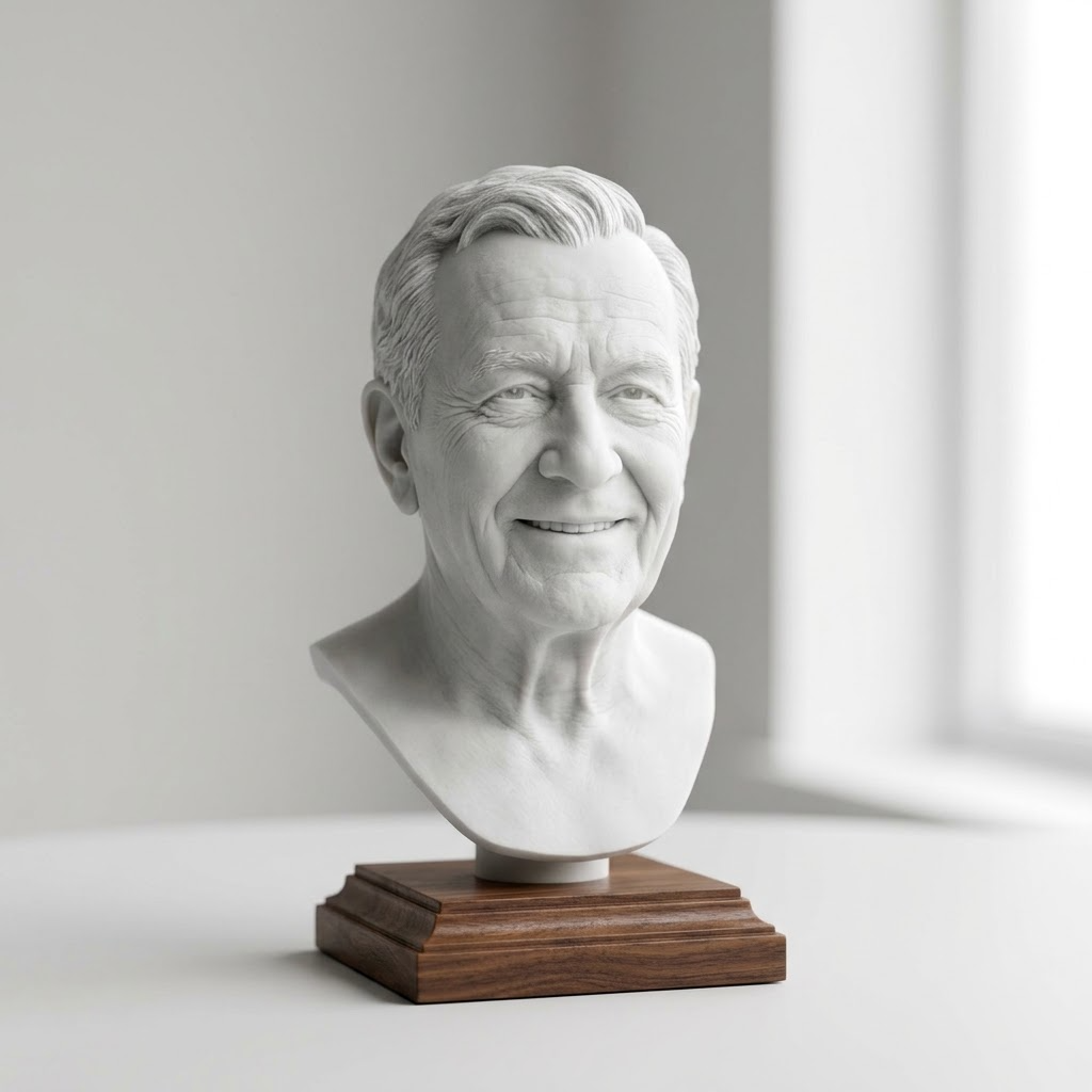 Promotional image set for a custom memorial 3D portrait modeling service, showing a reference photo transformed into a detailed grey clay memorial portrait bust, a digital sculpting process on screen, a white 3D printed memorial bust on a pedestal, and a bronze heirloom statue. Made for customers who want a photo of a loved one, human or pet, turned into a personalized sculpted bust, urn companion statue, painted figurine, or wood relief plaque for memorial keepsakes and tribute pieces.
