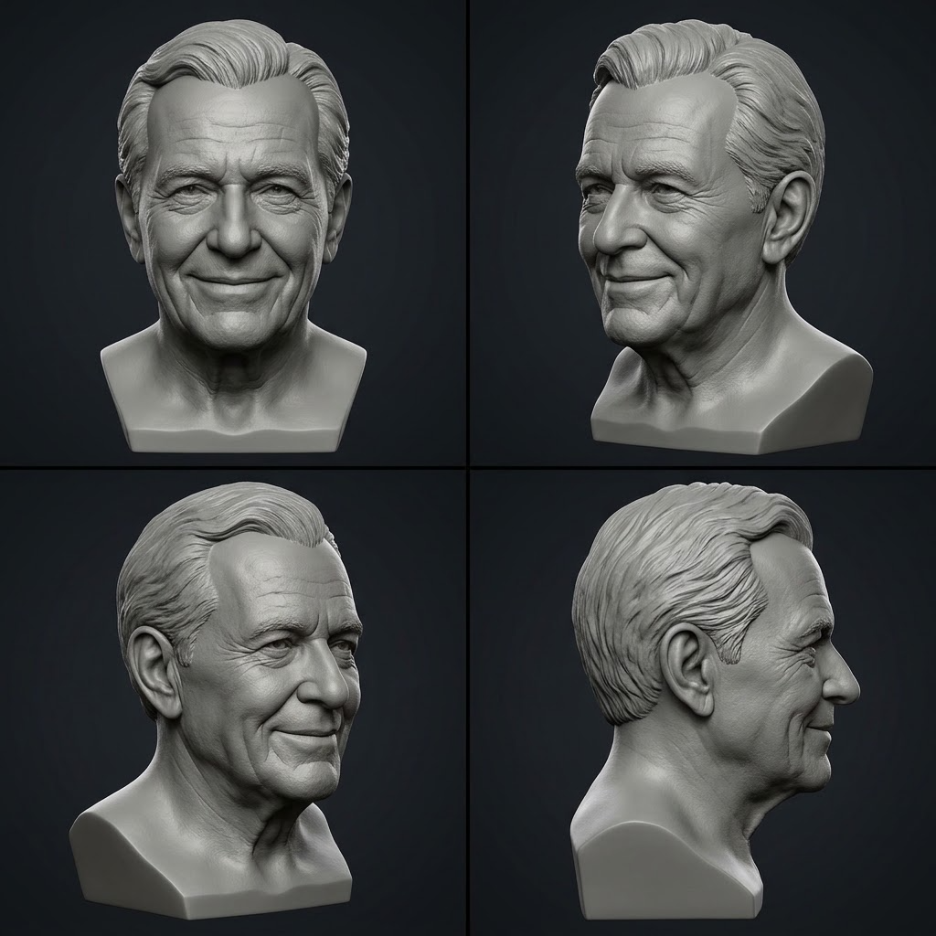 Promotional image set for a custom memorial 3D portrait modeling service, showing a reference photo transformed into a detailed grey clay memorial portrait bust, a digital sculpting process on screen, a white 3D printed memorial bust on a pedestal, and a bronze heirloom statue. Made for customers who want a photo of a loved one, human or pet, turned into a personalized sculpted bust, urn companion statue, painted figurine, or wood relief plaque for memorial keepsakes and tribute pieces.