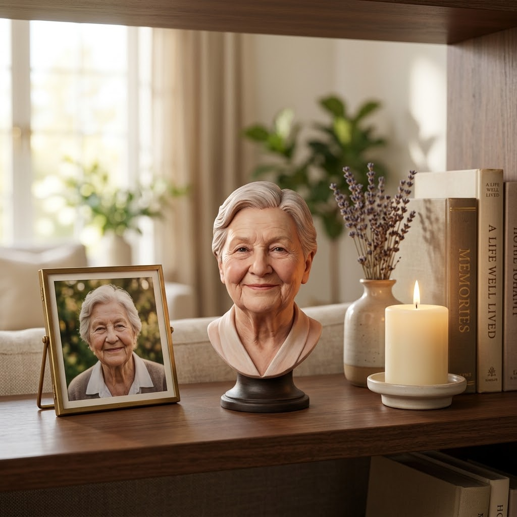 Promotional image set for a custom memorial 3D portrait modeling service, showing a reference photo transformed into a detailed grey clay memorial portrait bust, a digital sculpting process on screen, a white 3D printed memorial bust on a pedestal, and a bronze heirloom statue. Made for customers who want a photo of a loved one, human or pet, turned into a personalized sculpted bust, urn companion statue, painted figurine, or wood relief plaque for memorial keepsakes and tribute pieces.
