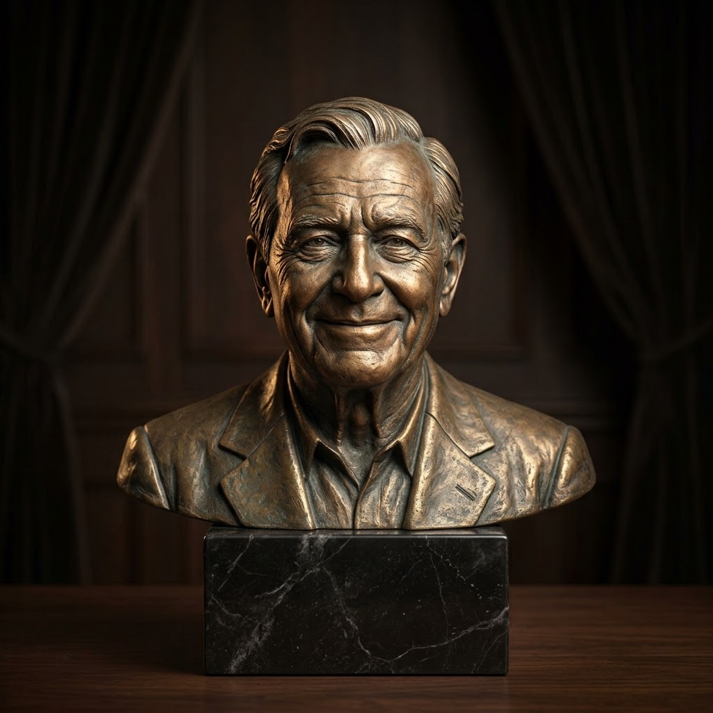 Promotional image set for a custom memorial 3D portrait modeling service, showing a reference photo transformed into a detailed grey clay memorial portrait bust, a digital sculpting process on screen, a white 3D printed memorial bust on a pedestal, and a bronze heirloom statue. Made for customers who want a photo of a loved one, human or pet, turned into a personalized sculpted bust, urn companion statue, painted figurine, or wood relief plaque for memorial keepsakes and tribute pieces.