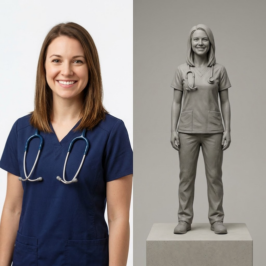 Promotional image set for a custom nurse figurine 3D modeling service, showing a reference photo transformed into a sculpted nurse figurine in scrubs with a stethoscope, a digital sculpting process on screen, a 3D printed figurine on a pedestal, and a bronze heirloom keepsake. Made for customers who want a photo turned into a personalized nurse graduation, retirement, or appreciation gift figurine, or wood relief plaque for keepsakes.