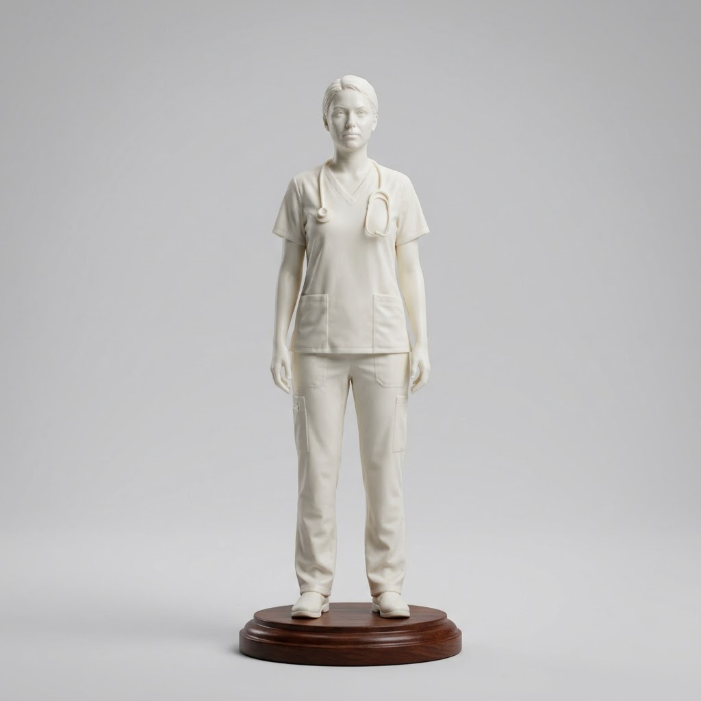 Promotional image set for a custom nurse figurine 3D modeling service, showing a reference photo transformed into a sculpted nurse figurine in scrubs with a stethoscope, a digital sculpting process on screen, a 3D printed figurine on a pedestal, and a bronze heirloom keepsake. Made for customers who want a photo turned into a personalized nurse graduation, retirement, or appreciation gift figurine, or wood relief plaque for keepsakes.