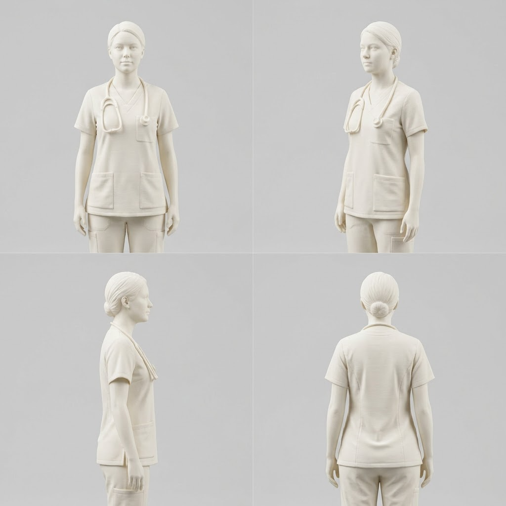 Promotional image set for a custom nurse figurine 3D modeling service, showing a reference photo transformed into a sculpted nurse figurine in scrubs with a stethoscope, a digital sculpting process on screen, a 3D printed figurine on a pedestal, and a bronze heirloom keepsake. Made for customers who want a photo turned into a personalized nurse graduation, retirement, or appreciation gift figurine, or wood relief plaque for keepsakes.