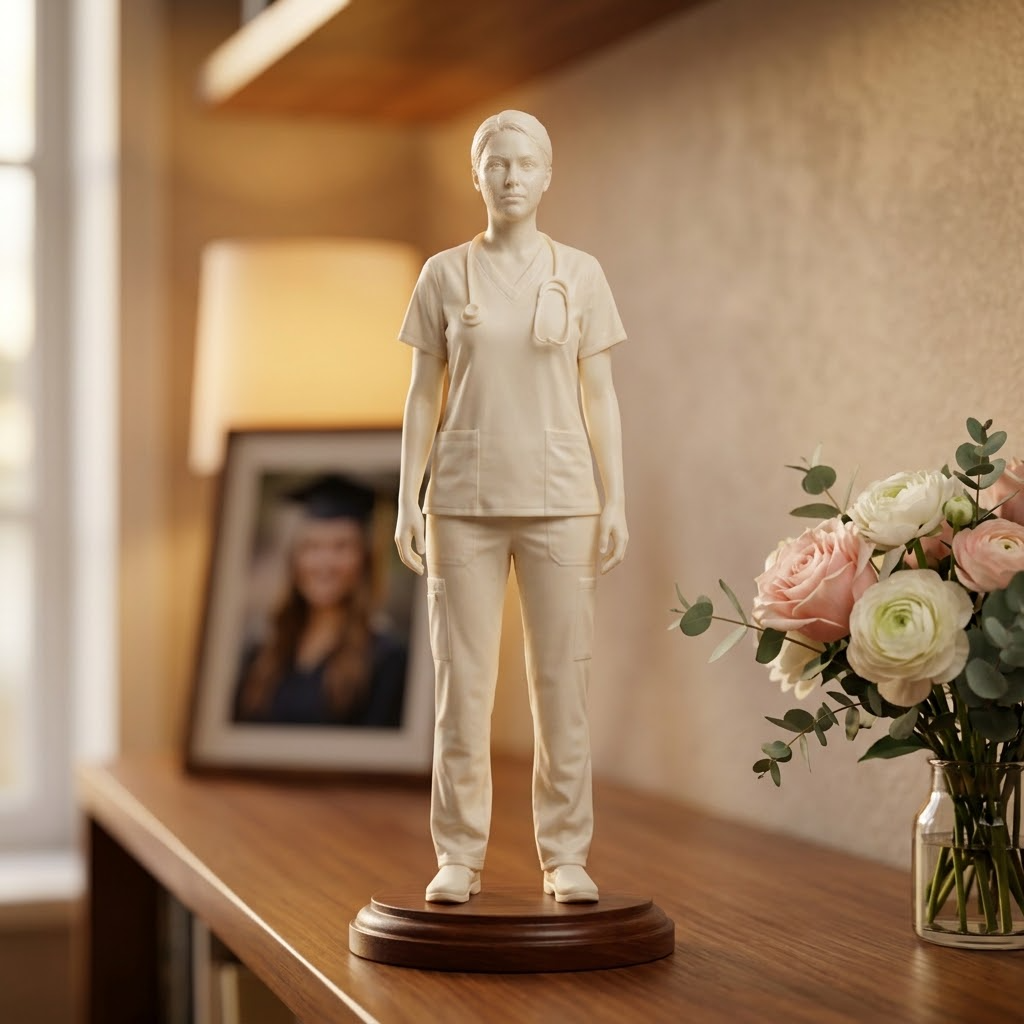 Promotional image set for a custom nurse figurine 3D modeling service, showing a reference photo transformed into a sculpted nurse figurine in scrubs with a stethoscope, a digital sculpting process on screen, a 3D printed figurine on a pedestal, and a bronze heirloom keepsake. Made for customers who want a photo turned into a personalized nurse graduation, retirement, or appreciation gift figurine, or wood relief plaque for keepsakes.