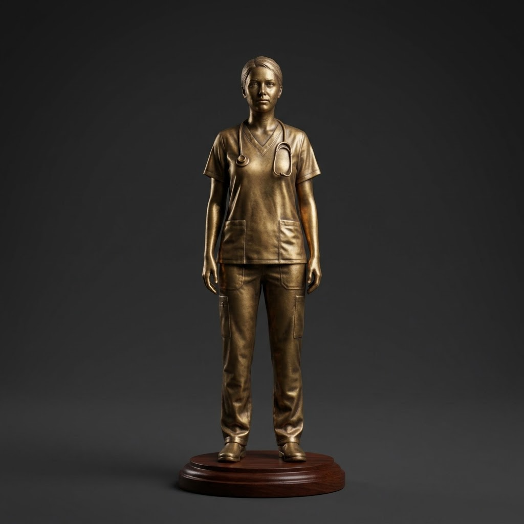 Promotional image set for a custom nurse figurine 3D modeling service, showing a reference photo transformed into a sculpted nurse figurine in scrubs with a stethoscope, a digital sculpting process on screen, a 3D printed figurine on a pedestal, and a bronze heirloom keepsake. Made for customers who want a photo turned into a personalized nurse graduation, retirement, or appreciation gift figurine, or wood relief plaque for keepsakes.