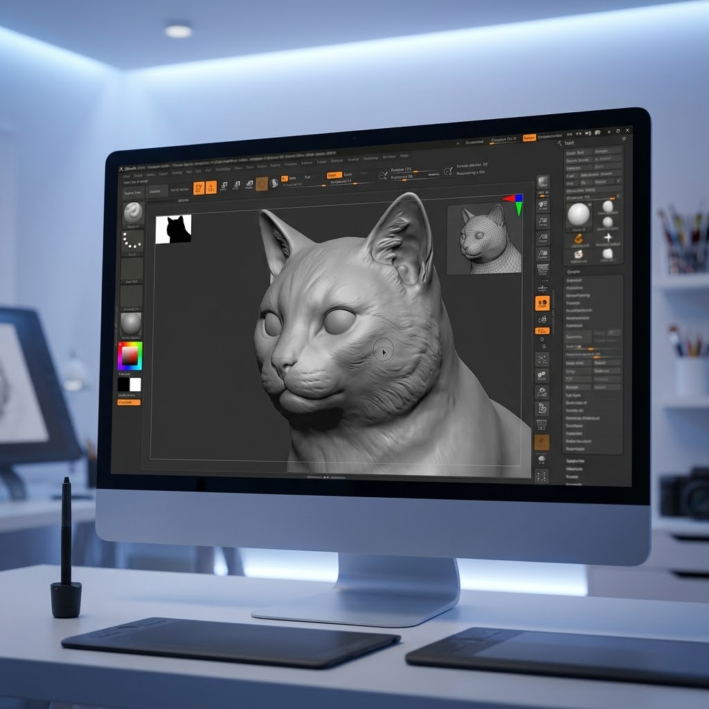 Custom pet 3D portrait modeling service showing before and after transformation from photo to detailed sculpted bust, digital sculpting process, printed figurine, and finished keepsake statue options.