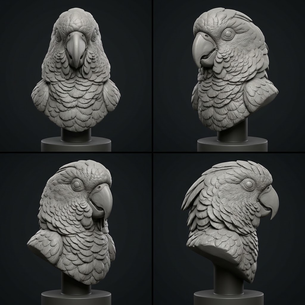 Custom pet 3D portrait modeling service showing before and after transformation from photo to detailed sculpted bust, digital sculpting process, printed figurine, and finished keepsake statue options.