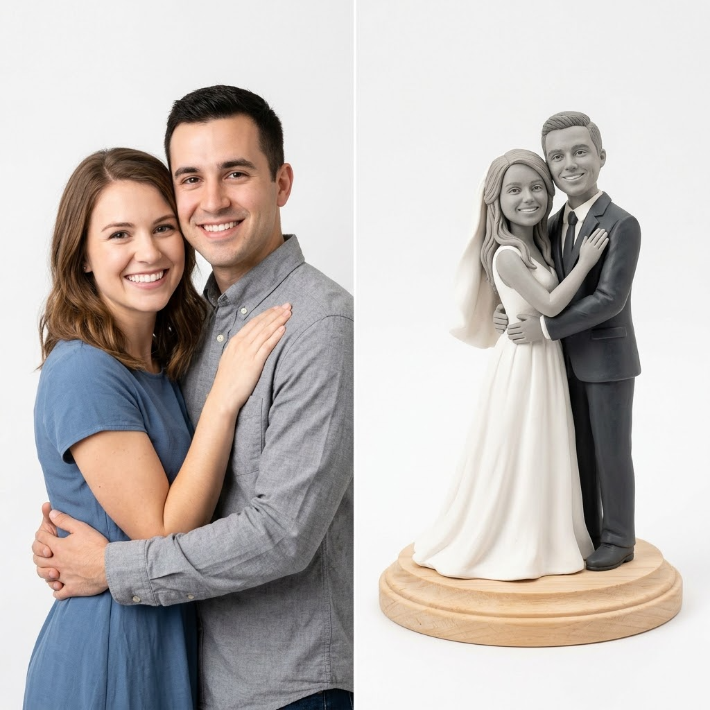 Promotional image set for a custom wedding cake topper and engagement figurine 3D modeling service, showing a reference photo transformed into a sculpted bride and groom figurine, a digital sculpting process on screen, a 3D printed cake topper on a pedestal, and a bronze heirloom keepsake. Made for couples who want a photo turned into a personalized wedding cake topper, engagement gift figurine, or wood relief plaque for weddings, anniversaries, and keepsakes.