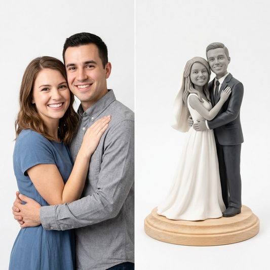 Promotional image set for a custom wedding cake topper and engagement figurine 3D modeling service, showing a reference photo transformed into a sculpted bride and groom figurine, a digital sculpting process on screen, a 3D printed cake topper on a pedestal, and a bronze heirloom keepsake. Made for couples who want a photo turned into a personalized wedding cake topper, engagement gift figurine, or wood relief plaque for weddings, anniversaries, and keepsakes.
