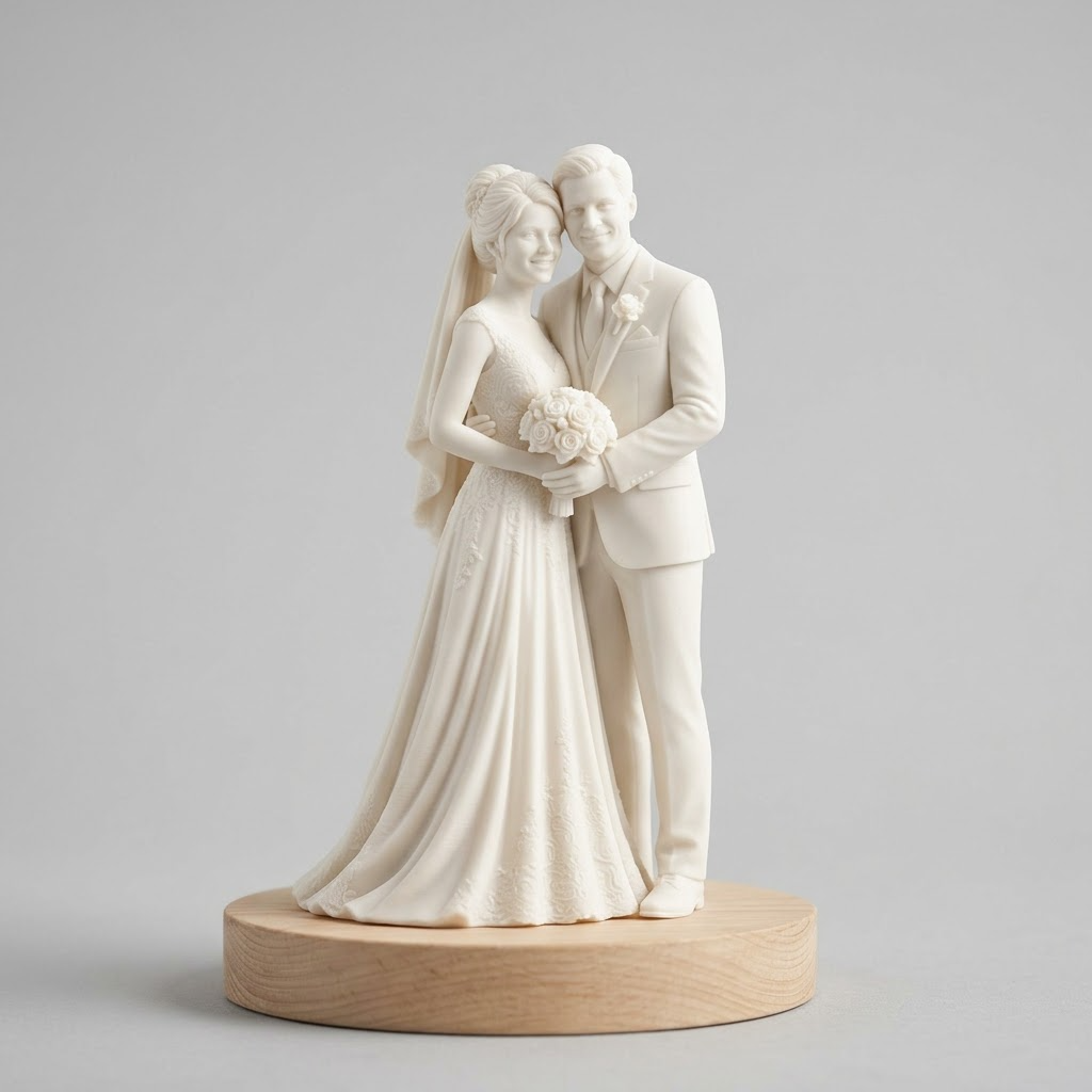 Promotional image set for a custom wedding cake topper and engagement figurine 3D modeling service, showing a reference photo transformed into a sculpted bride and groom figurine, a digital sculpting process on screen, a 3D printed cake topper on a pedestal, and a bronze heirloom keepsake. Made for couples who want a photo turned into a personalized wedding cake topper, engagement gift figurine, or wood relief plaque for weddings, anniversaries, and keepsakes.