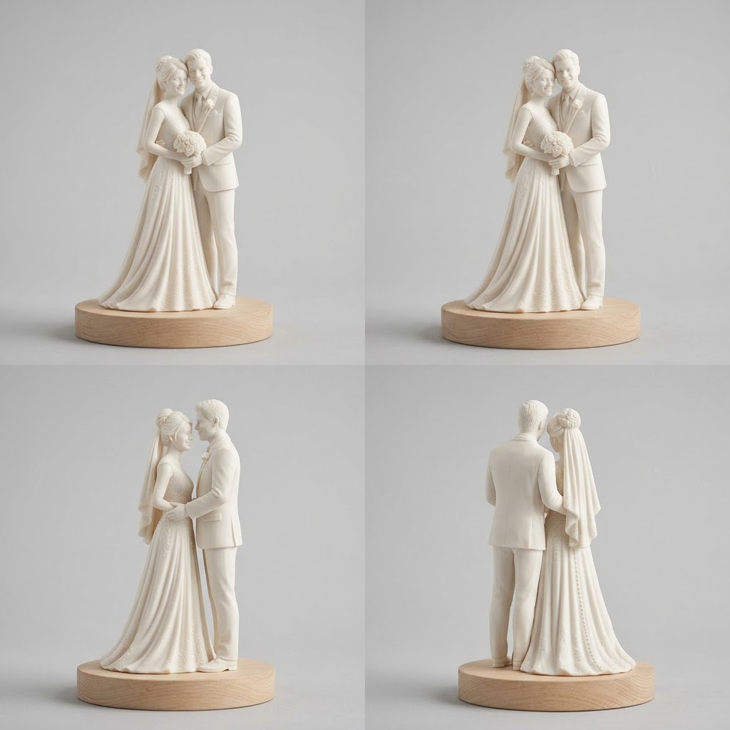 Promotional image set for a custom wedding cake topper and engagement figurine 3D modeling service, showing a reference photo transformed into a sculpted bride and groom figurine, a digital sculpting process on screen, a 3D printed cake topper on a pedestal, and a bronze heirloom keepsake. Made for couples who want a photo turned into a personalized wedding cake topper, engagement gift figurine, or wood relief plaque for weddings, anniversaries, and keepsakes.