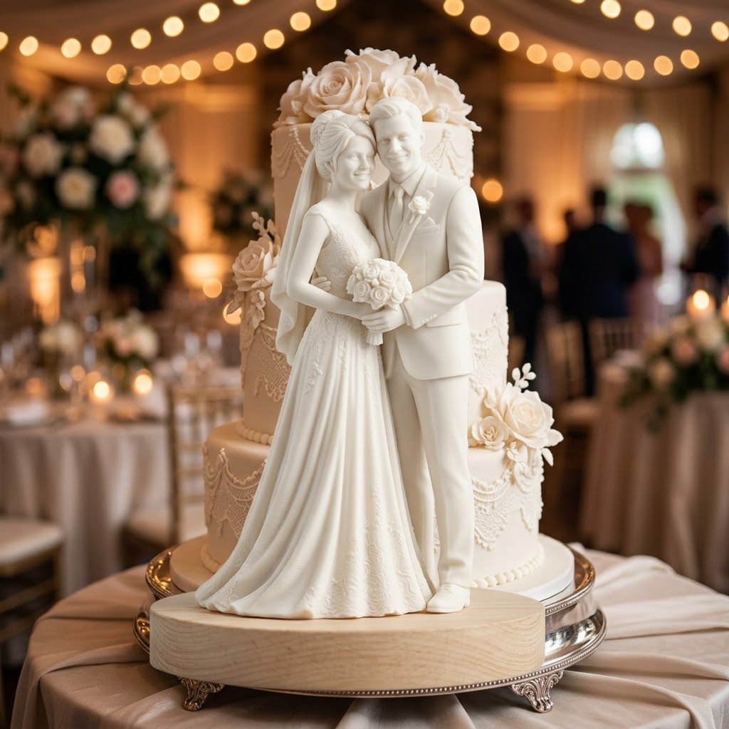 Promotional image set for a custom wedding cake topper and engagement figurine 3D modeling service, showing a reference photo transformed into a sculpted bride and groom figurine, a digital sculpting process on screen, a 3D printed cake topper on a pedestal, and a bronze heirloom keepsake. Made for couples who want a photo turned into a personalized wedding cake topper, engagement gift figurine, or wood relief plaque for weddings, anniversaries, and keepsakes.
