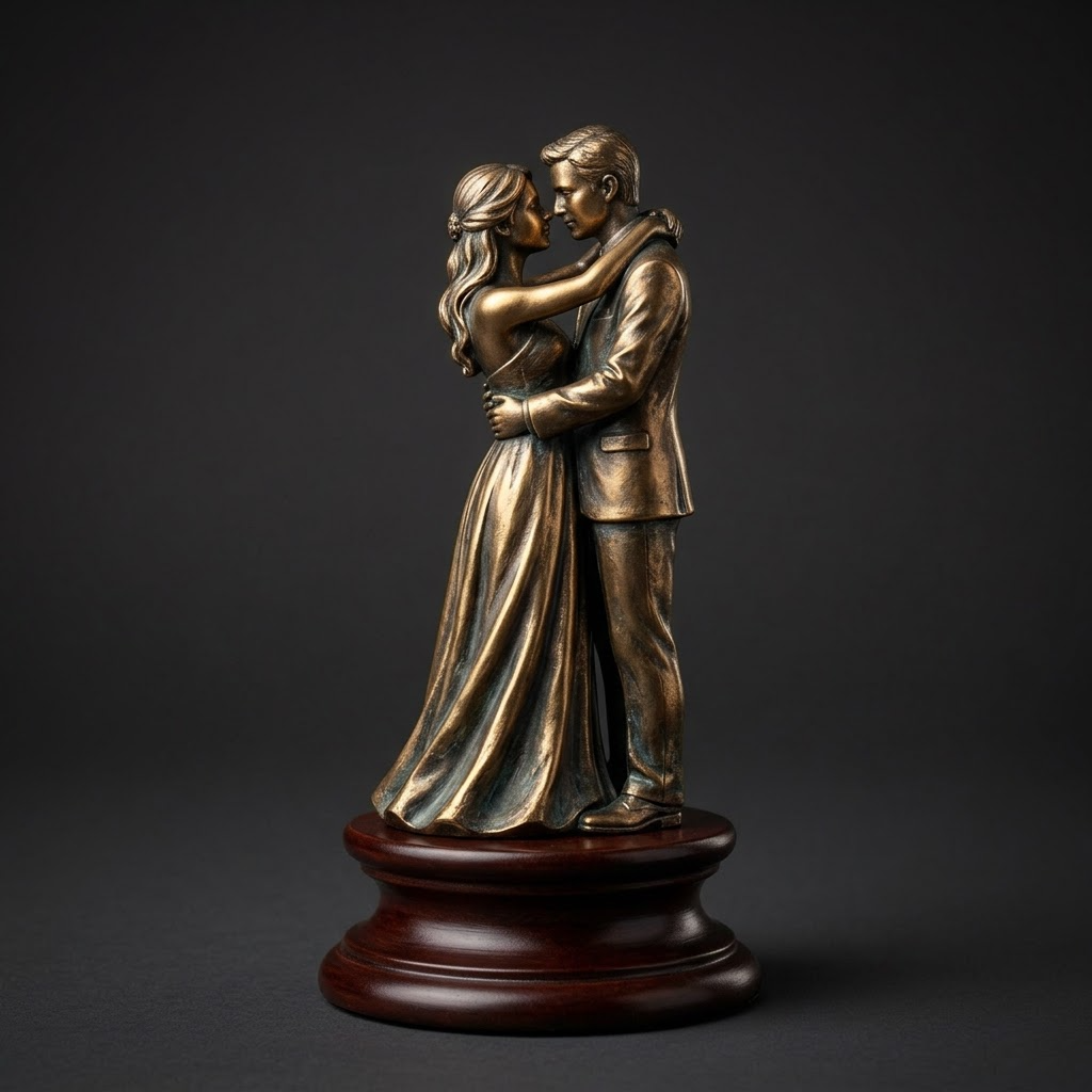 Promotional image set for a custom wedding cake topper and engagement figurine 3D modeling service, showing a reference photo transformed into a sculpted bride and groom figurine, a digital sculpting process on screen, a 3D printed cake topper on a pedestal, and a bronze heirloom keepsake. Made for couples who want a photo turned into a personalized wedding cake topper, engagement gift figurine, or wood relief plaque for weddings, anniversaries, and keepsakes.