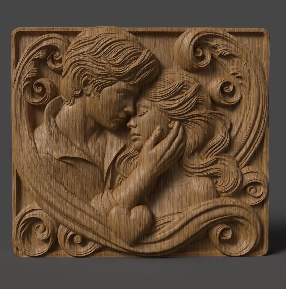 Romantic Couple 3D Relief Model: CNC Carving & 3D Printing (STL File)